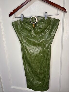Cherry Mellow Olive Green faux Leather Strapless Dress with Gold Lining
